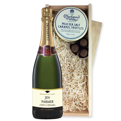Personalised Champagne - Graduation Label And Milk Sea Salt Charbonnel Chocolates Box